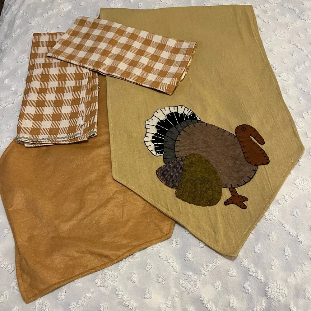 Thanksgiving Pumpkin Themed Dishtowels Turkey Appliqués Table Runner Bundle